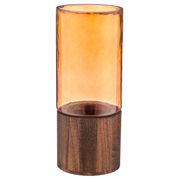 Glas Windlicht auf Holzfuß, Zylinder, 10x25cm, orange