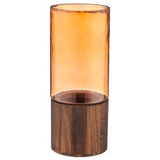 Glas Windlicht auf Holzfuß, Zylinder, 10x25cm, orange