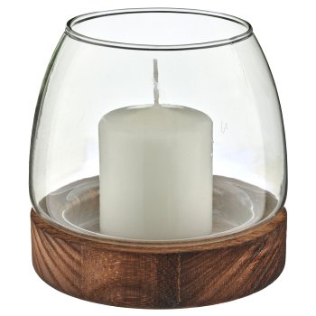 Glass lantern on wooden base, bulbous, 13x12.5cm, green