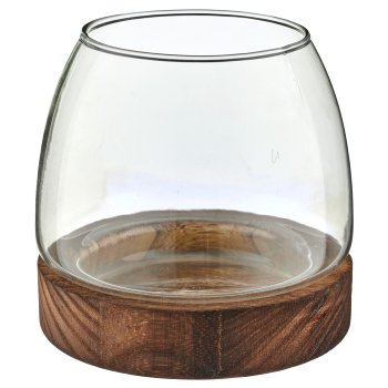 Glass lantern on wooden base, bulbous, 13x12.5cm, green