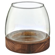 Glas Windlicht auf Holzfuß, bauchig, 13x12,5cm, grün