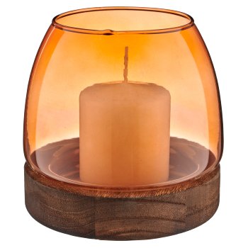 Glass lantern on wooden base, bulbous, 13x12.5cm, orange