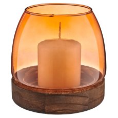 Glass lantern on wooden base, bulbous, 13x12.5cm, orange