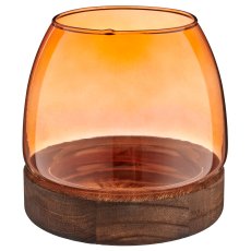 Glas Windlicht auf Holzfuß, bauchig, 13x12,5cm, orange