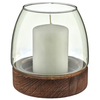 Glas Windlicht auf Holzfuß, bauchig, 15x16cm, grün
