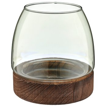 Glas Windlicht auf Holzfuß, bauchig, 15x16cm, grün