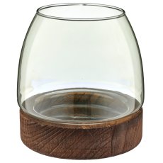 Glas Windlicht auf Holzfuß, bauchig, 15x16cm, grün
