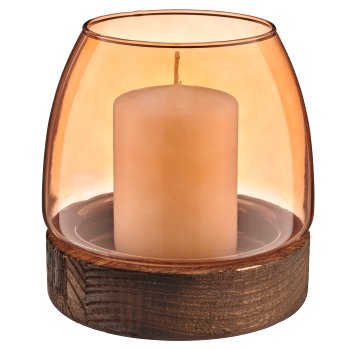 Glas Windlicht auf Holzfuß, bauchig, 15x16cm, orange