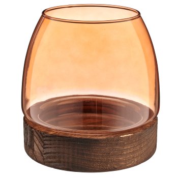 Glas Windlicht auf Holzfuß, bauchig, 15x16cm, orange