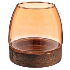 Glas Windlicht auf Holzfuß, bauchig, 15x16cm, orange