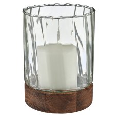 Glas Windlicht auf Holzfuß, Zylinder, Spiral, 10x13,5cm, grün
