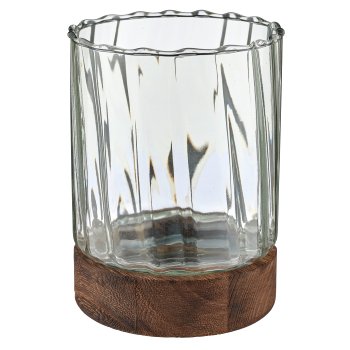 Glas Windlicht auf Holzfuß, Zylinder, Spiral, 10x13,5cm, grün