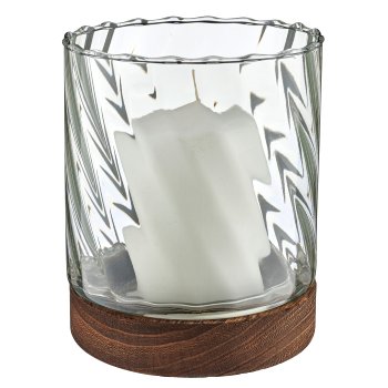 Glas Windlicht auf Holzfuß, Zylinder, Spiral, 13x16cm, grün