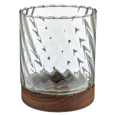 Glas Windlicht auf Holzfuß, Zylinder, Spiral, 13x16cm, grün