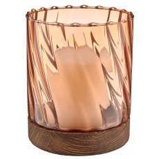 Glas Windlicht auf Holzfuß, Zylinder, Spiral, 13x16cm, orange