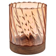 Glas Windlicht auf Holzfuß, Zylinder, Spiral, 13x16cm, orange