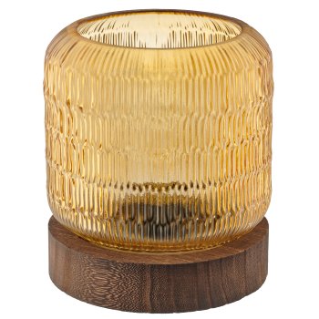 Glass lamp with LED on wooden base, 13x15cm, curry