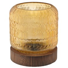 Glass lamp with LED on wooden base, 13x15cm, curry