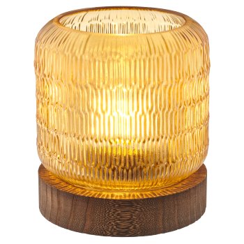 Glass lamp with LED on wooden base, 13x15cm, curry