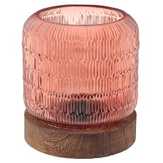 Glass lamp with LED on wooden base, 13x15cm, terracotta