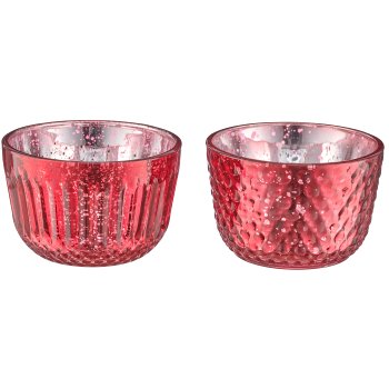 Glass tealight 2assorted, rustic silver in natural cardboard, 8x5cm, red