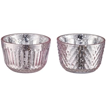 Glass tealight 2assorted, rustic silver in natural cardboard, 8x5cm, pale pink