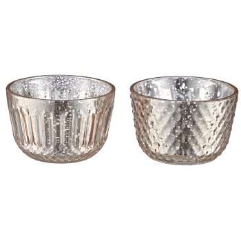 Glass tealight 2assorted, rustic silver in natural cardboard, 8x5cm, gold