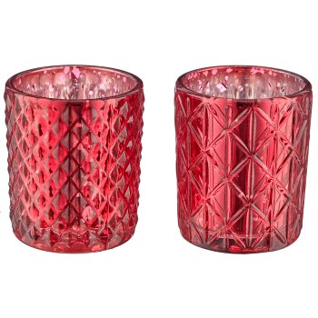 Glass tealight 2assorted, rustic silver in natural cardboard, 5.6x6.5cm, red