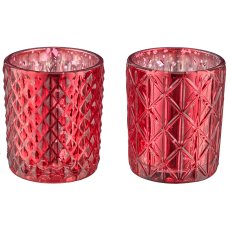 Glas Teelicht 2fa.so., Bauernsilber im Naturkarton, 5,6x6,5cm, rot