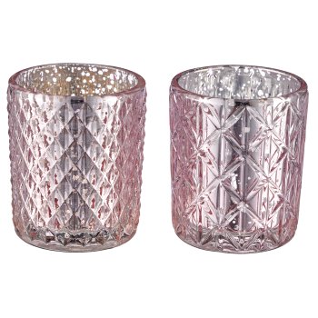 Glass tealight 2assorted, rustic silver in natural cardboard, 5.6x6.5cm, pale