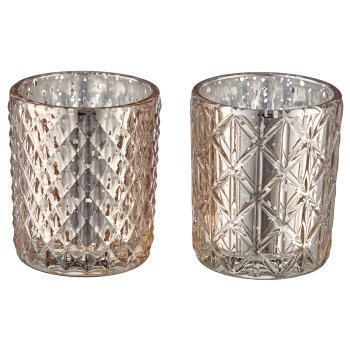 Glass tealight 2assorted, rustic silver in natural cardboard, 5.6x6.5cm, gold