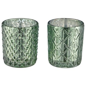 Glass tealight 2assorted, rustic silver in natural cardboard, 5.6x6.5cm, green