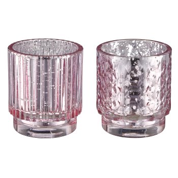Glass tealight 2assorted, rustic silver in natural cardboard, 7x8cm, pale pink