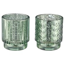 Glas Teelicht 2fa.so., Bauernsilber im Naturkarton, 7x8cm, grün