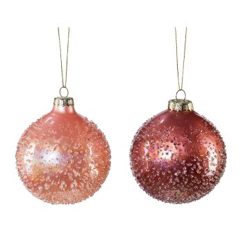 Glass Christmas Ball Hanger Rustic Pearls, 8x8cm, Pink, 4/Box