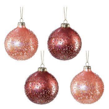 Glass Christmas Ball Hanger Rustic Pearls, 8x8cm, Pink, 4/Box