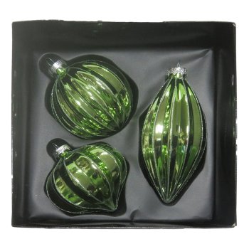 Glass ball assortment, set of 3, mica grooved approx. 8cm, moss