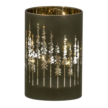Glas Windlicht mit LED, Zylinder, TREES 8x8x12cm, Schwarz