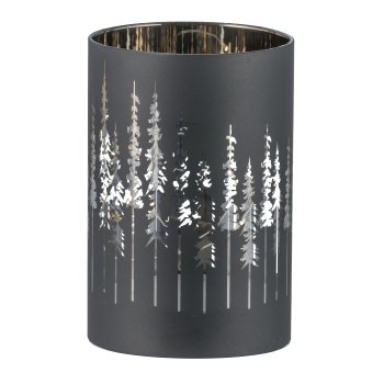 Glas Windlicht mit LED, Zylinder, TREES 8x8x12cm, Schwarz