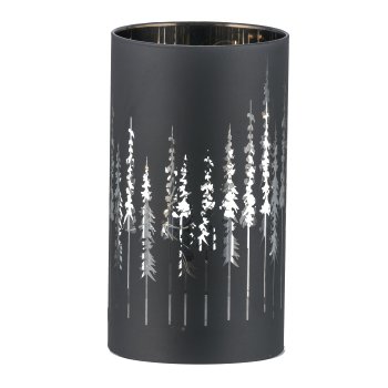 Glas Windlicht, mit LED, Zylinder, TREES 9x9x16cm, Schwarz