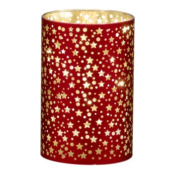 Glas Windlicht, mit LED, Zylinder, STARS 8x8x12cm, Rosenholz