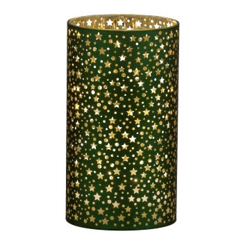 Glass lantern, with LED, cylinder, STARS 9x9x16cm, dark green