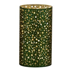 Glass lantern, with LED, cylinder, STARS 9x9x16cm, dark green