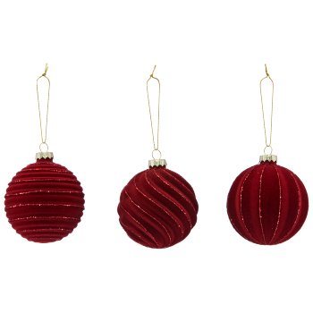 Glass hanger ball, 3 assorted, organic glitter, 8x8x8cm, dark red