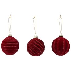 Glass hanger ball, 3 assorted, organic glitter, 8x8x8cm, dark red