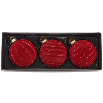 Glass hanger ball, 3 assorted, organic glitter, 8x8x8cm, dark red