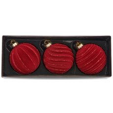 Glass hanger ball, 3 assorted, organic glitter, 8x8x8cm, dark red