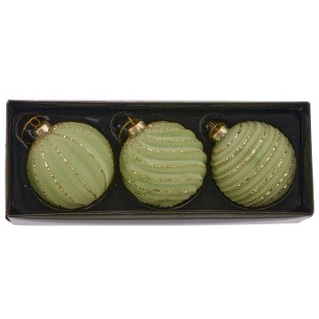 Glass hanger ball, 3 assorted, organic glitter, 8x8x8cm, light green