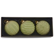 Glass hanger ball, 3 assorted, organic glitter, 8x8x8cm, light green