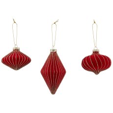 Glass hanger ball ornament, 3 assorted, organic glitter, 7.5x6/7x12.5cm, dark red